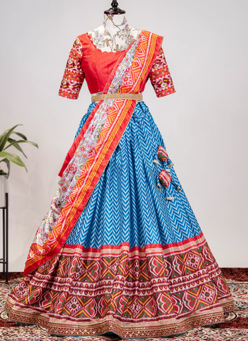 Leheriya Printed Embroidered Blue Chinon Lehenga Choli Set